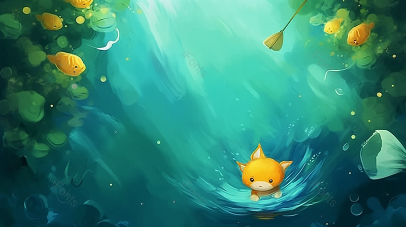 绿色昏暗卡通宠物在河流中水底游泳傍晚肃静横版插画,插画/手绘图,插画/手绘图库,插画/手绘图下载,插画/手绘